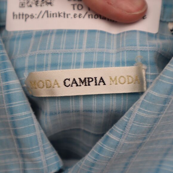 Moda Campia Shirt Mens M Blue check Short Sleeve Buttons Pocket Hawaiian - Picture 2 of 16